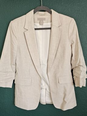 H&M Linen Blend Blazer | Beige | Size S | Ruched Sleeve Tailored Jacket